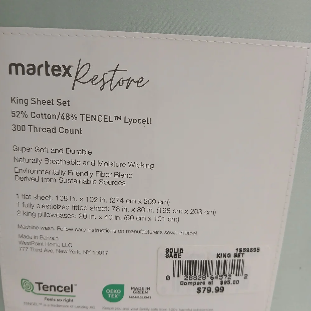 Martex Restore Solid Cotton and Tencel King Sheet Set 52% Cotton 48% Telcel New - Picture 3 of 6